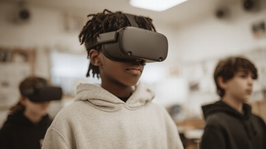 Virtual reality classroom student technology headset learning education immersive diverse modern