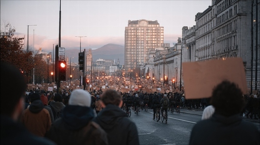 Protest city crowd street urban demonstration people sign evening peaceful anti war