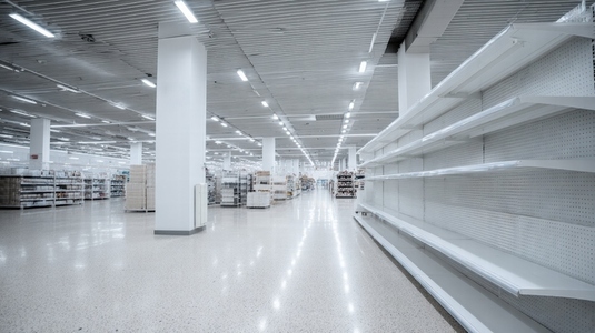 Empty supermarket shelf  food shortage  crisis  modern store  bright lighting  clean  anxiety