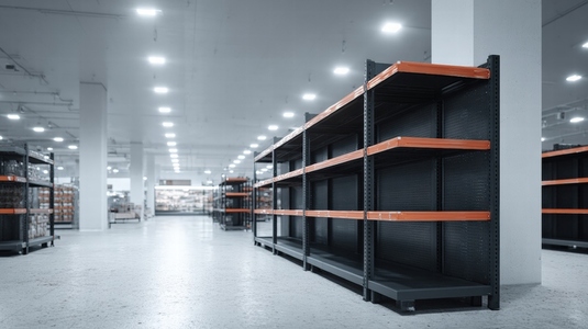 Empty supermarket shelf  food shortage  crisis  retail  scarcity  fluorescent lighting  aisle
