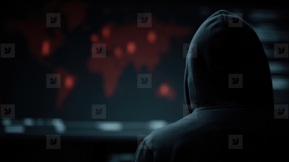 Hacker silhouette  cyberwarfare  dark room  world map  digital threat  anonymous  tense mood
