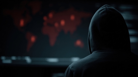 Hacker silhouette cyberwarfare dark room world map digital threat anonymous tense mood Hacker silhouette cyberwarfare dark room world map digital threat anonymous tense mood