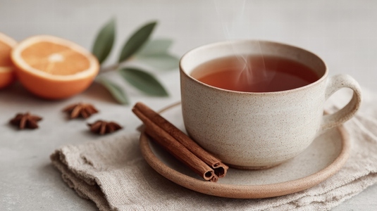 Steaming cup of herbal tea with cinnamon stick on saucer  orange slice  cozy warm atmosphere