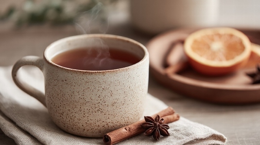 Steaming cup of herbal tea with cinnamon stick  star anise  dried orange  cozy morning