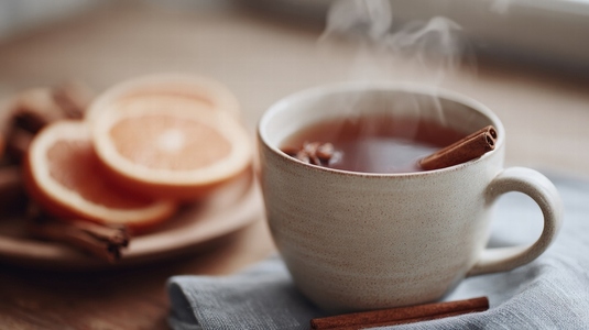 Steaming cup of herbal tea with cinnamon stick and orange slice on wooden table  cozy atmosphere