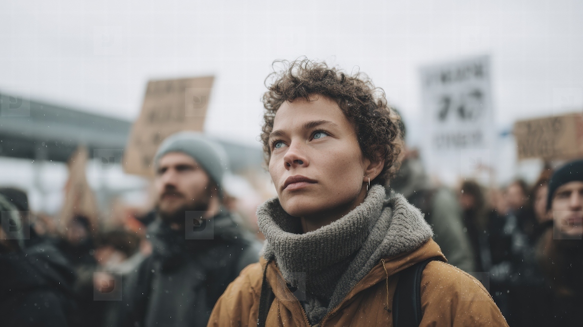 Young woman climate protest outdoor winter clothing determined expression diverse crowd activism