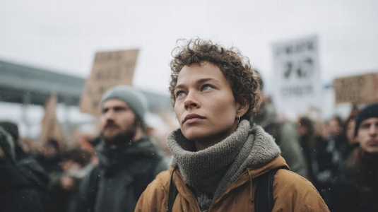 Young woman climate protest outdoor winter clothing determined expression diverse crowd activism