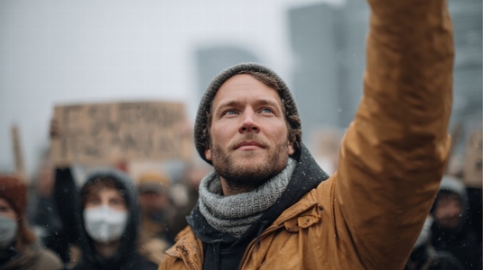 Man protest climate activist outdoor winter city crowd