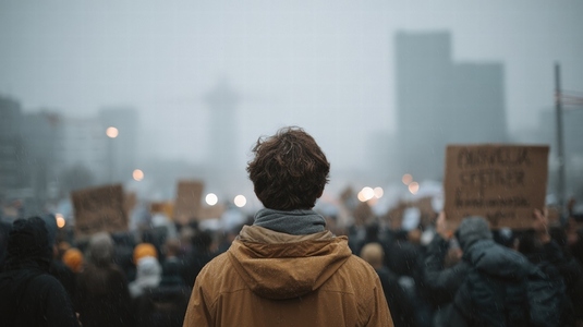 Person wearing brown jacket stands in front of climate protest crowd holding signs in city fog