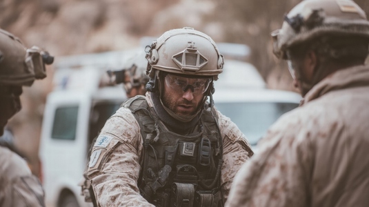 Military medical team  soldier  helmet  uniform  outdoor  teamwork  serious Military medical