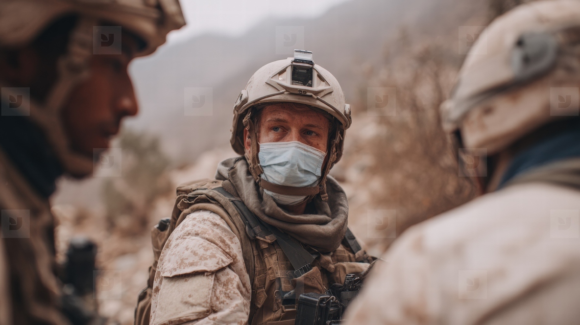 Soldier mask military uniform outdoor mountain serious teamwork Soldier wearing mask military
