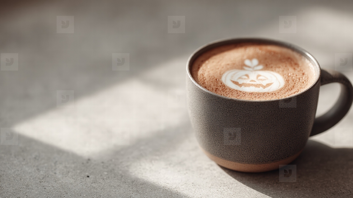 Pumpkin latte art coffee cup on table with sunlight cozy autumn morning festive and cheerful