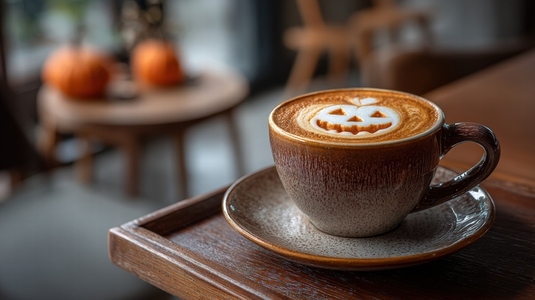 Halloween latte art with pumpkin face  cozy autumn coffee shop  warm brown ceramic cup