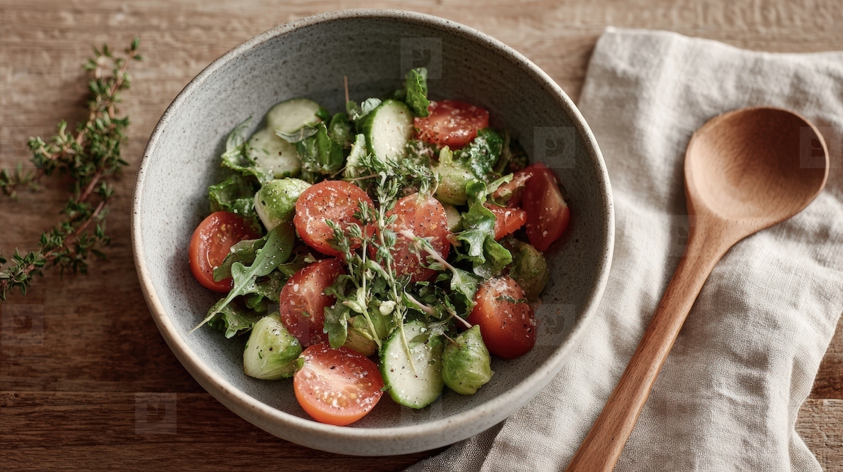 Fresh vegan salad with vibrant vegetables cherry tomato cucumber arugula rustic style