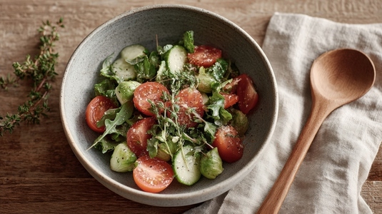 Fresh vegan salad with vibrant vegetables  cherry tomato  cucumber  arugula  rustic style