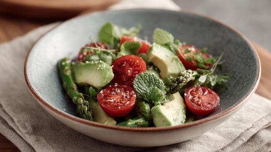 Fresh vegan salad with avocado  cherry tomato  asparagus  mint  and microgreens in ceramic bowl