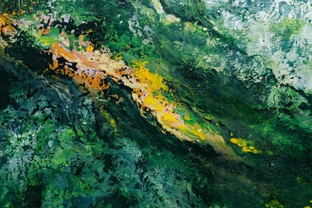 Abstract textured painting with green and yellow tones