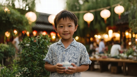 Child mooncake lantern outdoor festival smiling traditional Asian evening celebration