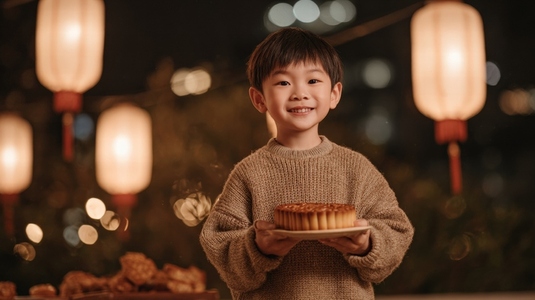Child holding mooncake with warm smile  lanterns glowing in background  festive night scene