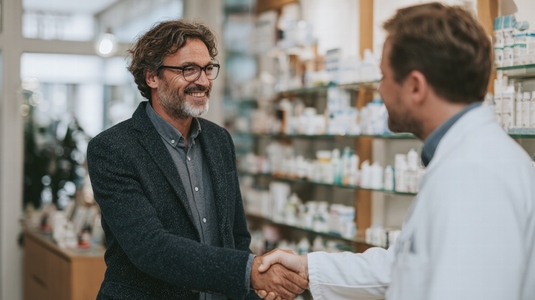 Businessman pharmacist handshake pharmacy agreement smiling shelves medicine Businessman pharmacist handshake pharmacy agreement smiling shelves medicine