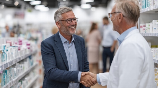 Businessman pharmacist handshake pharmacy agreement smiling partnership shelves professional