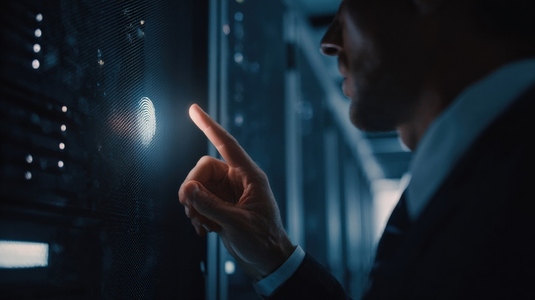 Businessman server fingerprint security authentication technology data center access Businessman server fingerprint security authentication technology data center access