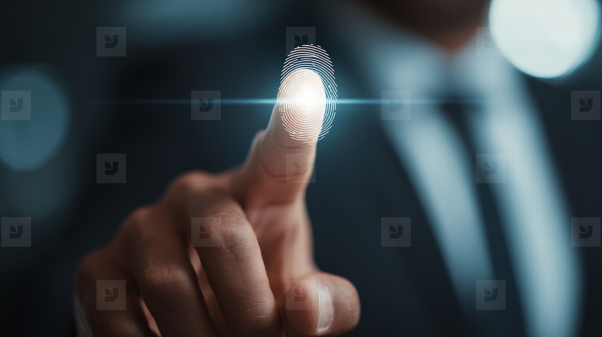 Business professional using biometric fingerprint scanner for secure access  technology concept