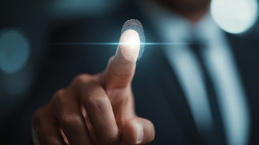 Business professional using biometric fingerprint scanner for secure access  technology concept