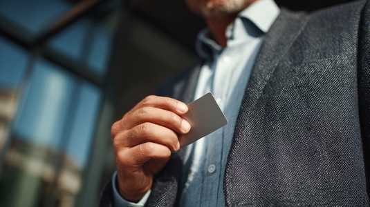 Man suit business executive office access card entry Confident business executive suit holding