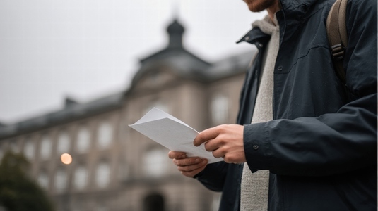 Young man holding blank flyer outdoors  urban background  casual style  overcast day