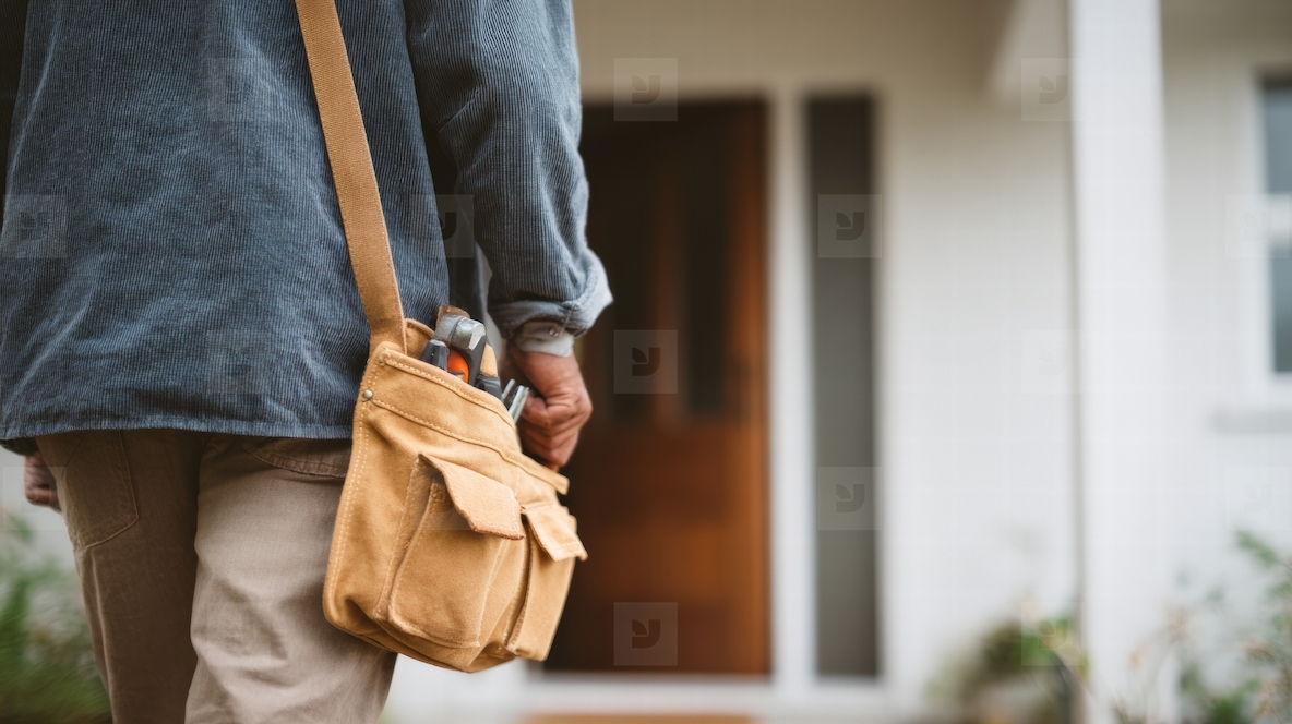 Back of handyman with tool bag  casual clothing  outdoor  home entrance  professional  ready