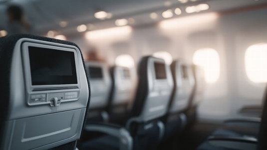 Airplane seat blank screen cabin travel technology modern comfort relaxed atmosphere