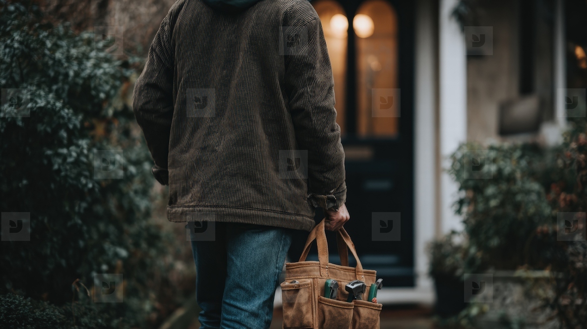 Back view handyman carrying tool bag outdoors  autumn mood  residential house entrance