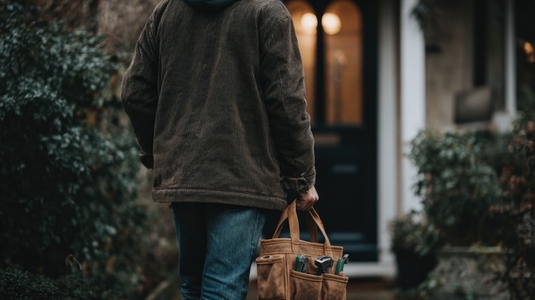 Back view handyman carrying tool bag outdoors autumn mood residential house entrance Back view handyman carrying tool bag outdoors autumn mood residential house entrance