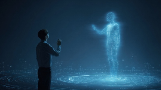 Human  artificial intelligence  digital  hologram  futuristic Human interacting with digital