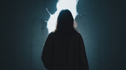Silhouette person standing in dark room facing cracked wall with light shining through opening