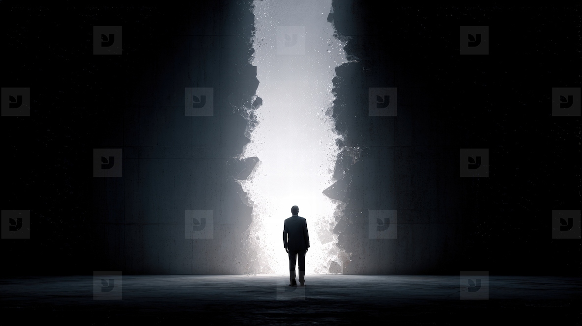 Lone figure standing in dark room with dramatic light breaking through wall  mysterious mood