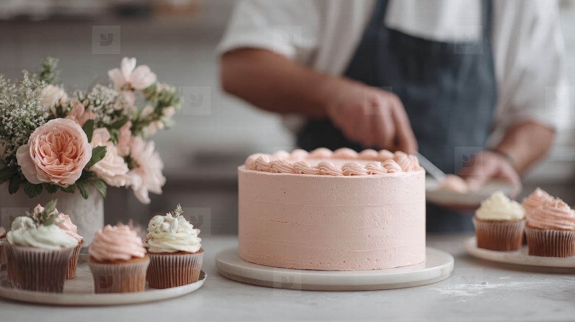 Pink cake cupcake flower bakery pastel chef decorating dessert Elegant pink cake and cupcakes