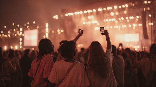 Friends enjoying music festival night  taking selfies  vibrant lights  outdoor concert