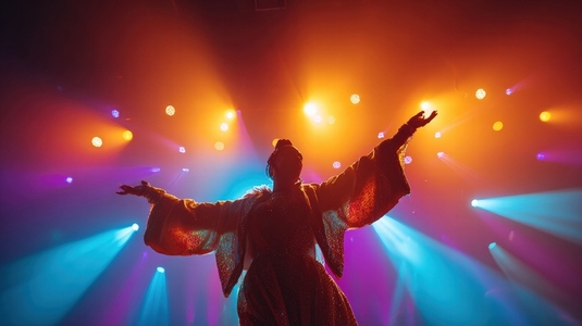 Drag queen performing on stage with vibrant colorful lights  dramatic pose  joyful energy