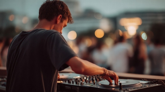 DJ playing music at rooftop party during sunset  relaxed atmosphere  city background