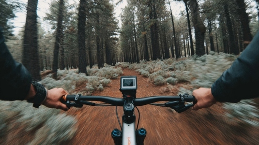 Cyclist forest trail action adventure outdoor autumn handlebar speed excitement