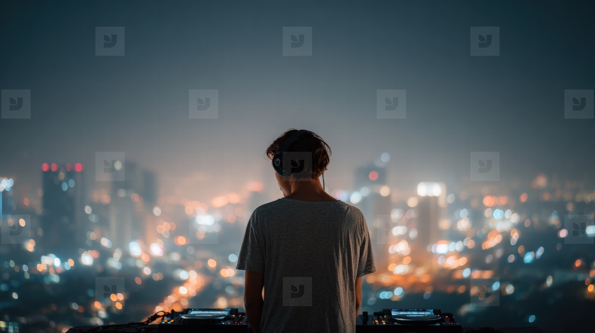 DJ playing music on rooftop at night  city lights  party atmosphere  energetic  urban vibe