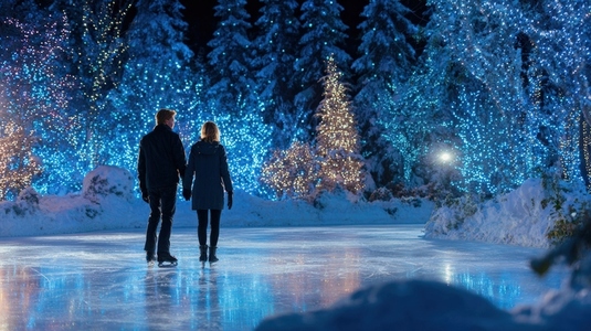 Couple ice skating under Christmas lights  winter forest  romantic  festive  joyful night