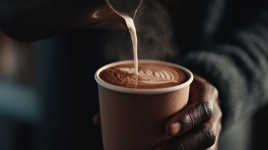 Barista hand pouring latte art into hot coffee cup creamy texture cozy mood Barista hand pouring latte art into hot coffee cup creamy texture cozy mood