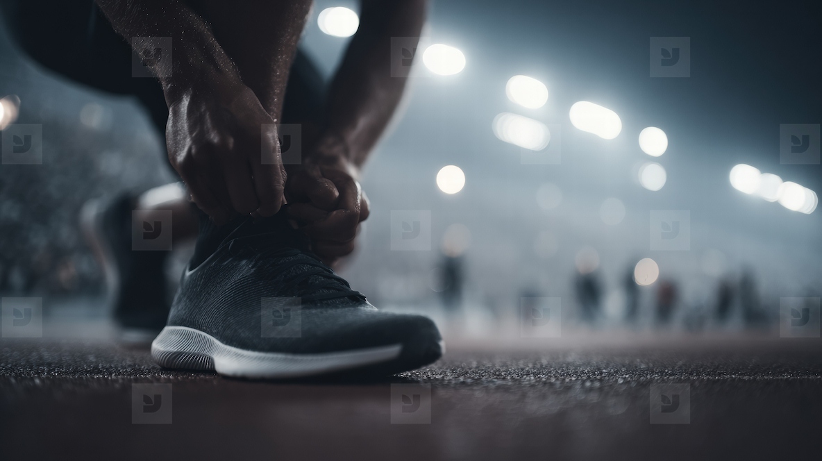 Runner tying shoelaces on track before race focused and determined stadium lights glowing