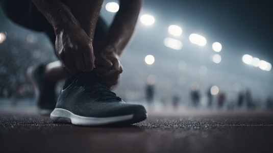 Runner tying shoelaces on track before race  focused and determined  stadium lights glowing
