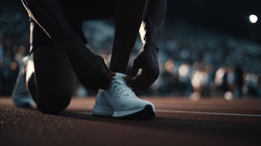 Runner  shoelace  closeup  athletic  track Runner tying shoelace athletic shoe before race