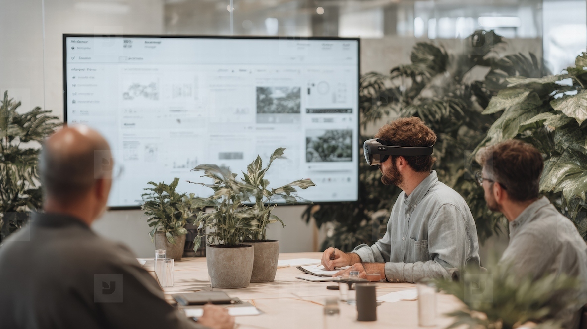 Business team analyzing data with augmented reality headset in modern office meeting room