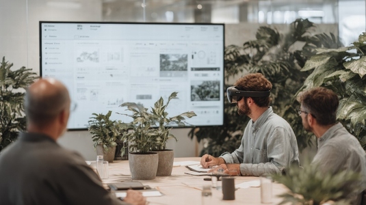 Business team analyzing data with augmented reality headset in modern office meeting room
